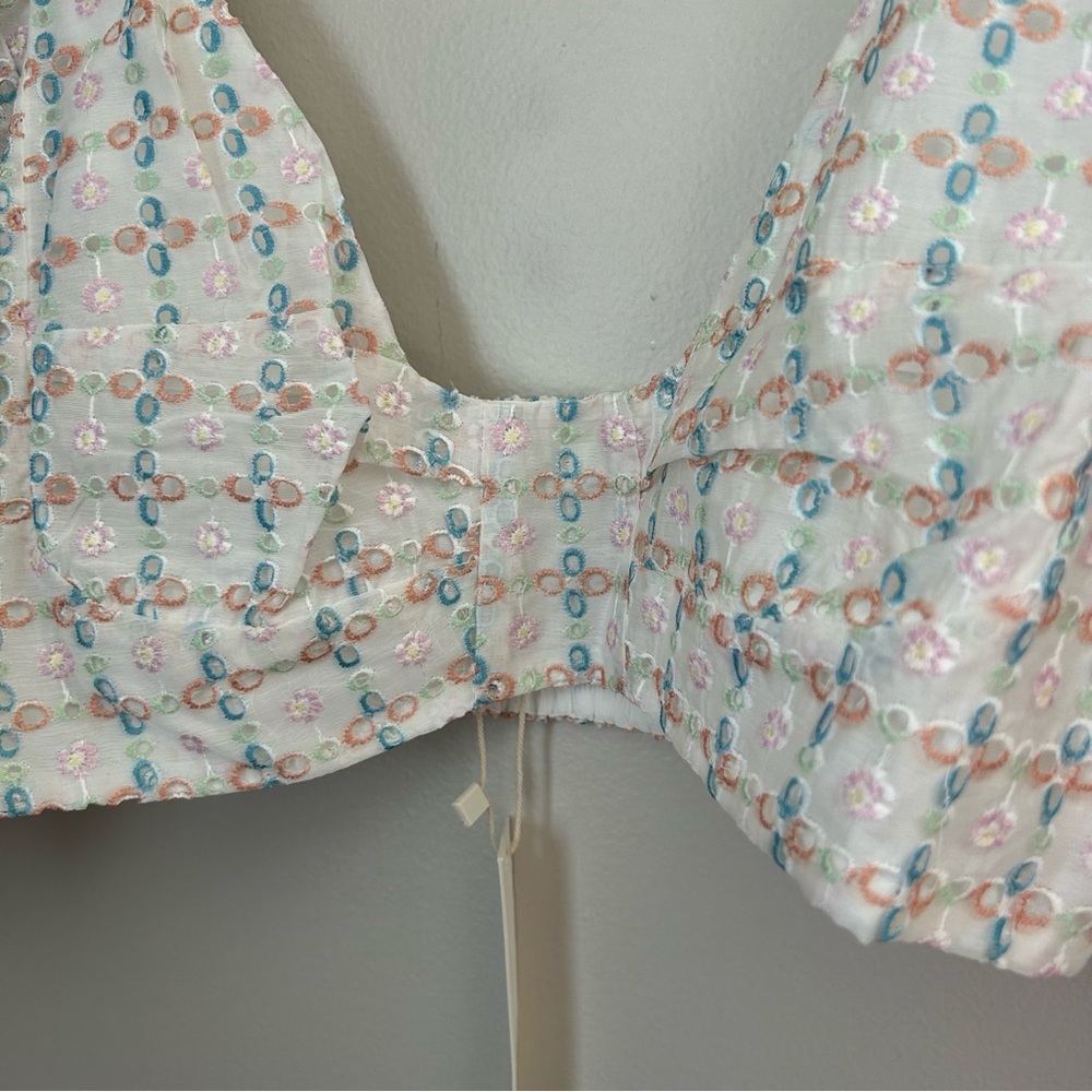 For Love And Lemons White Eyelet Crop Top with Pastel Blue Print - Picture 4 of 14